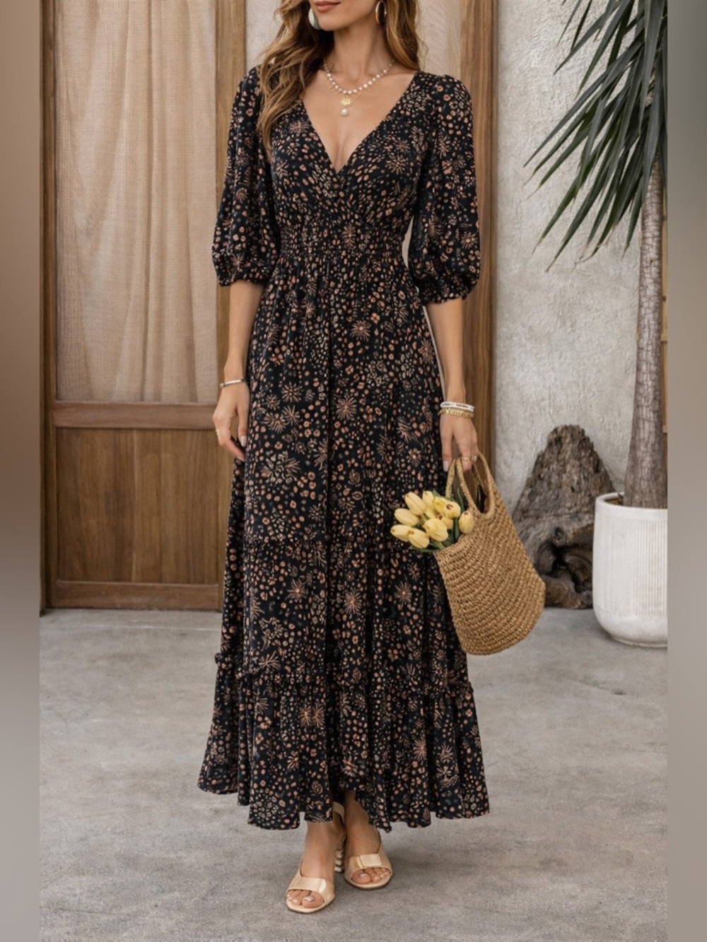 Angie Boho Floral Maxi Dress M Flowy Rayon